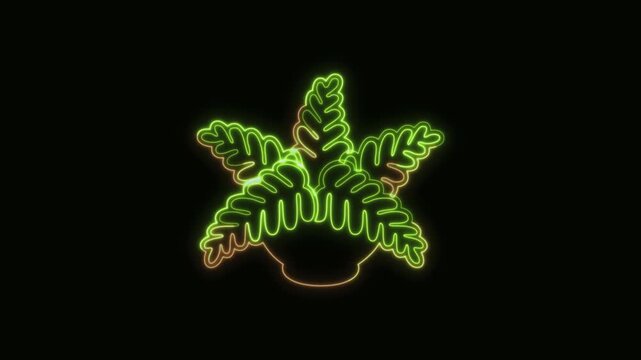 Potted Plant Icon Neon Seamless Loop 4K Black Background Animated Promotional Typography for Video Editing