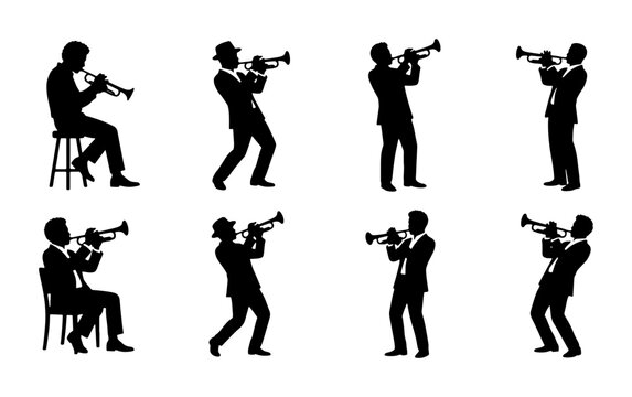 Musician Silhouettes: Trumpet Players in Various Poses, Jazz Band Performers, Vector Set