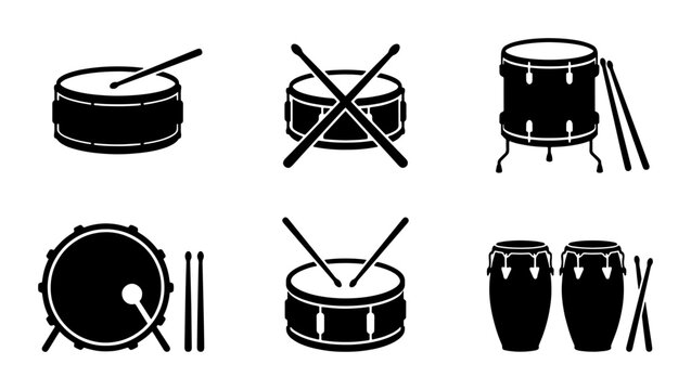 Drum Icons Set, Percussion Instruments Vector Graphics, Musical Beat Symbols, Rhythm Collection