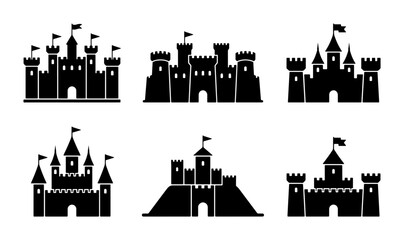 Medieval Castle Icons, Fortress Silhouettes, Royal Palace Vector Set, Fantasy Kingdom Architecture © Sourov