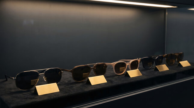 Display of various sunglasses arranged in a showcase with black velvet base and gold nameplates under soft lighting in a retail environment