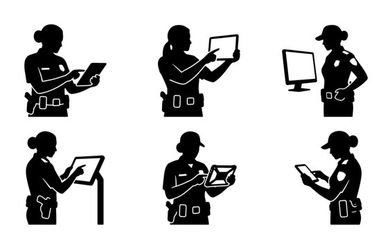Police Officer Icons, Law Enforcement Silhouettes, Digital Device Interaction Set