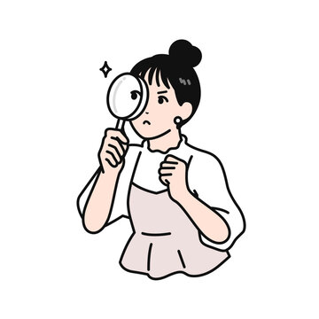 真剣に虫眼鏡を覗くまとめ髪の若い女性のシンプルなベクターイラスト素材