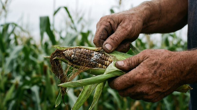 Farmer hands examining dry damaged corn crops during severe drought