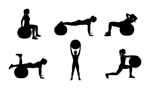 Fitness Ball Silhouettes: Six Exercises, Woman Workout, Core Strength, Yoga, Pilates, Health