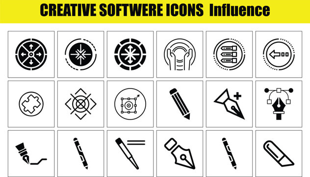 Collection of creative software icons representing design tools and actions for graphic designers