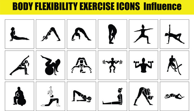 Collection of diverse black silhouette icons representing various body flexibility exercises and fitness activities