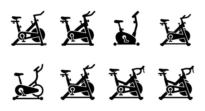 Stationary Bike Icons Set, Indoor Cycling Machine Vector Graphics, Exercise Bike Collection