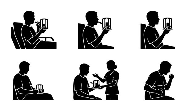 Asthma Inhaler Use Icons, Respiratory Health Care Instructions, Medical Treatment Steps