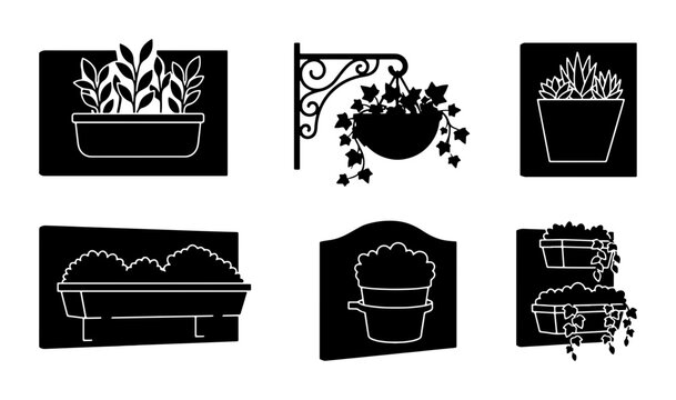 Black Silhouette Planters Vector Set, Hanging Baskets, Window Boxes, Garden Decor Elements