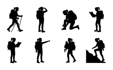 Fototapeta premium Silhouette Hikers, 8 Vector Icons: Trekking, Climbing, Navigation, Adventure Set