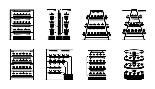 Vertical Farming Icons, Hydroponic Systems, Aeroponic Racks, Urban Agriculture Plants, Grow Towers