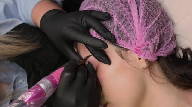 Close up of permanent eyebrow makeup procedure, beautician performing microblading with precision tool in beauty salon