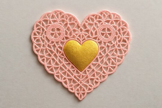 Intricately Designed Pink Heart-Shaped Lace Doily Against Beige Background