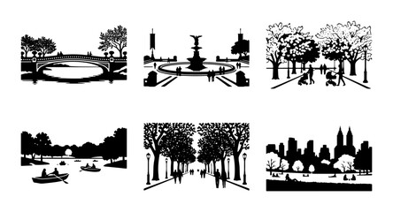 Urban Park Silhouettes: Cityscape, Fountain, Bridge, Boating, People, Trees, Black and White Vector Set © Mithi