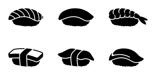 Simple Sushi Icons, Japanese Food Vector Graphics, Asian Cuisine Symbols, Black and White © MstMithila