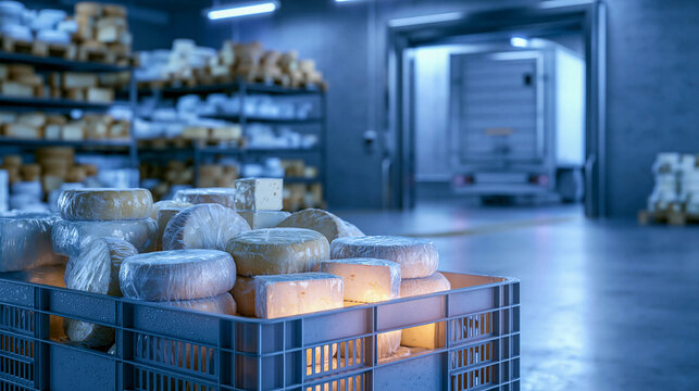 A plastic box with cheese heads and slices wrapped in transparent plastic is located in a refrigerated dairy storage facility, showcasing the concept of cheese storage, maturation, and logistics.