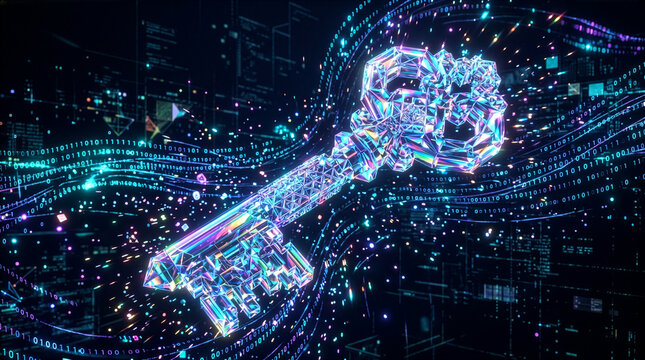 Luminous Abstract Key Symbol Unlocking Potential in Binary Code Background
