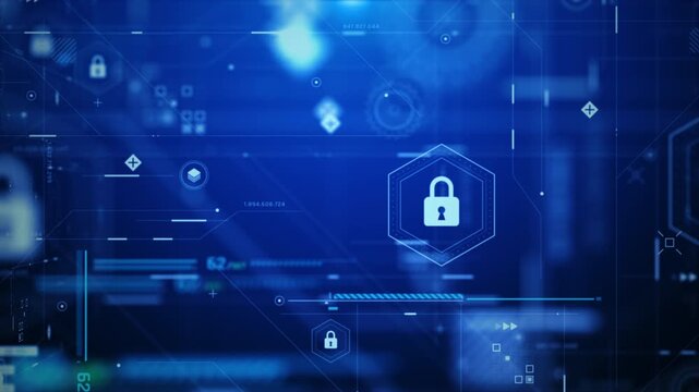 3D rendering of a cybersecurity interface with a lock icon and digital network lines on a dark background. Data protection and technology concept