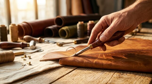 Craftsman working on leather with tools in workshop