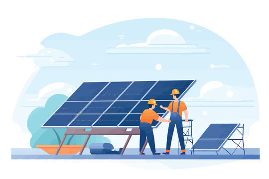 Father and Son Installing Solar Panels on Rooftop isolated