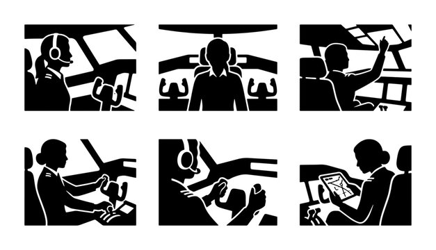 Pilot Cockpit Icons, Aviation Crew Silhouettes, Aircraft Control Panel Graphics, Flight Navigation Set