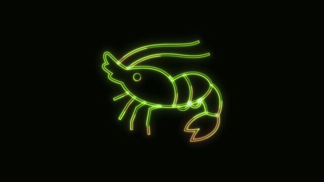Shrimp Icon Neon Seamless Loop 4K Black Background Animated Promotional Typography for Video Editing
