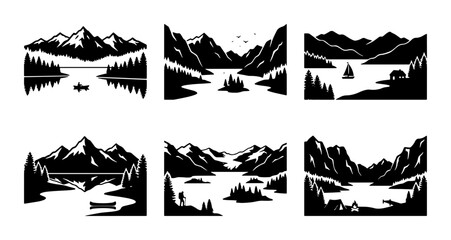 Fototapeta premium Mountain Lake Landscapes, Vector Icons Set: Serene Nature Scenes, Outdoor Adventure, Wilderness Exploration