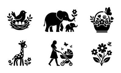Obraz premium Cute Animal & Baby Icons, Motherhood & Nature Vector Set, Simple Black & White Graphics