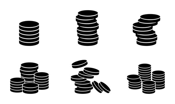 Stacking Coins Vector Icons, Money Piles, Financial Growth, Currency Wealth, Black and White
