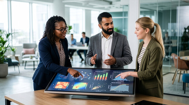 Three Diverse Business Collaborators Reviewing Complex Data Visualizations on a Large Format Screen