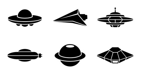 Retro UFO Icons, Flying Saucer Vector Set, Alien Spaceship Illustrations, Sci-Fi Craft Collection © MstMithila