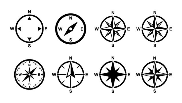Compass Rose Icons Set, Navigation Symbols Collection, Directional Guides, Nautical Star Graphics