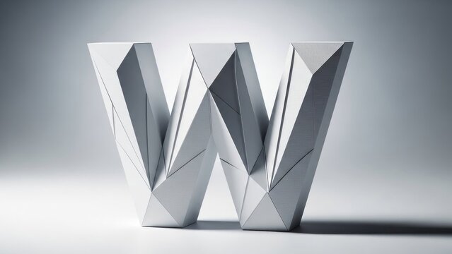 A 3D rendering of a faceted silver letter