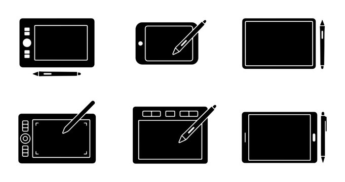 Digital Drawing Tablets and Stylus Pens, Graphic Design Tools, Vector Icons Set