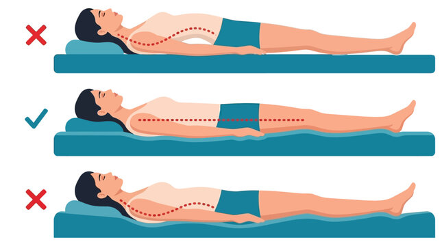 Correct sleeping posture shown in a comparative medical illustration demonstrating proper spinal alignment for healthy rest