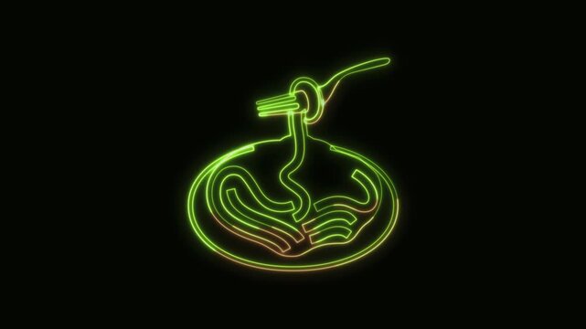 Spaghetti Icon Neon Seamless Loop 4K Black Background Animated Promotional Typography for Video Editing