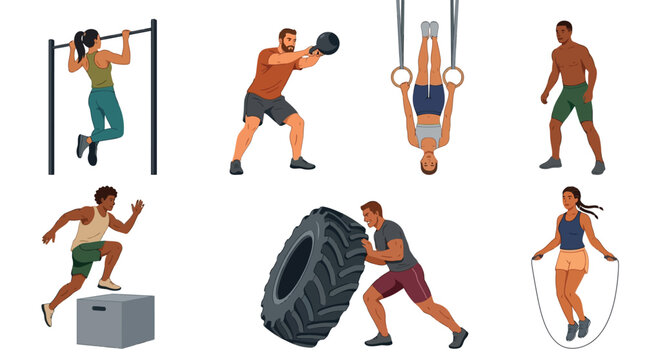 Diverse group of athletic people performing various intense physical fitness exercises in this illustrated set collection