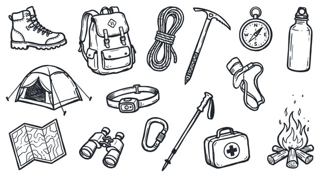 Hand-drawn black and white doodle style collection of essential camping and hiking equipment for outdoor adventures