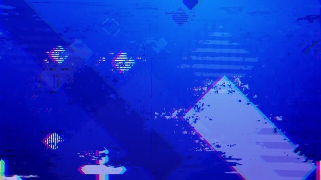 Fragments of electric blue geometry flicker beneath layers of digital interference, creating a tense cyber atmosphere that feels unstable, encrypted, and partially corrupted by signal noise