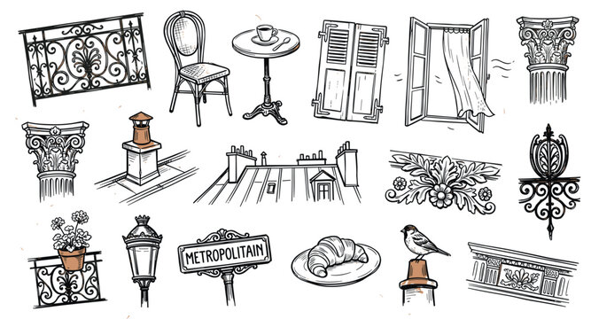 Charming collection of hand-drawn Parisian elements, including a balcony, cafe table, window, and architectural details, in a sketch style