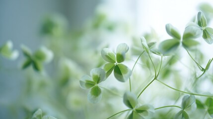 Obraz premium Translucent White Clover Leaves Macro Close Up, Fresh Delicate Mini Plant Widescreen View