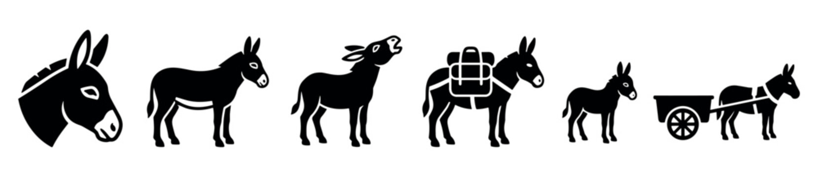Collection of black donkey icons in various poses and actions, including a head, standing, braying, carrying a pack, and pulling a cart, presented in a simple graphic style