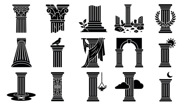 Various black silhouette ancient Greek and Roman columns and architectural elements are depicted in a clean, graphic style