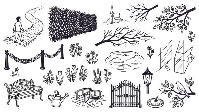 Various hand-drawn garden and park elements are neatly arranged, showcasing a charming collection of outdoor objects in a clean, illustrative style