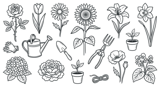 Various hand-drawn gardening tools and beautiful blooming flowers create a charming, detailed, black and white line art collection