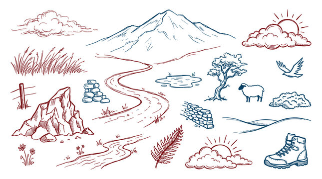 Hand-drawn nature elements set with mountains, trees, clouds, and hiking boot in a charming doodle style