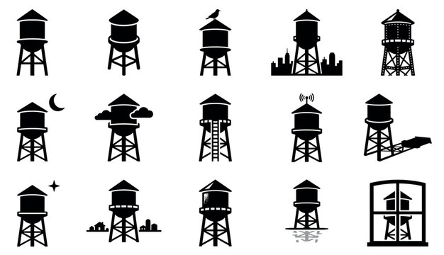 Various black silhouette water towers with different details and elements, including a bird, moon, clouds, and city skyline