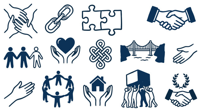 Various blue outline icons representing community, connection, and support, including hands, people, puzzles, and a bridge