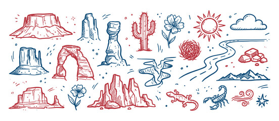 Fototapeta premium Hand-drawn desert landscape elements in a doodle style, featuring red rock formations, cacti, and wildlife